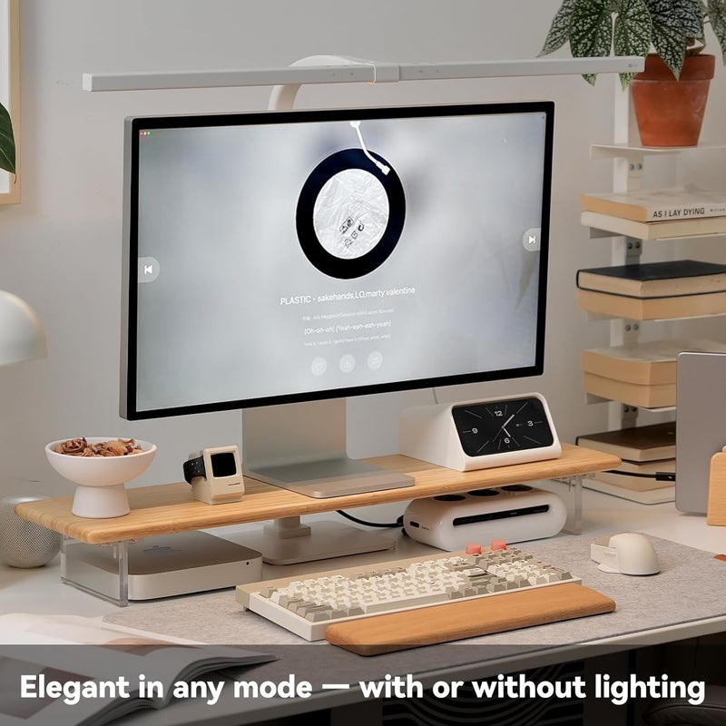 ROCDEER Bamboo Monitor Stand Riser with RGB Lights,31.5 Inches Desktop Shelf with Acrylic Legs Supports for Desk, PC Computer Monitor, Laptops, Printer, Speakers (Natural) - Image 2